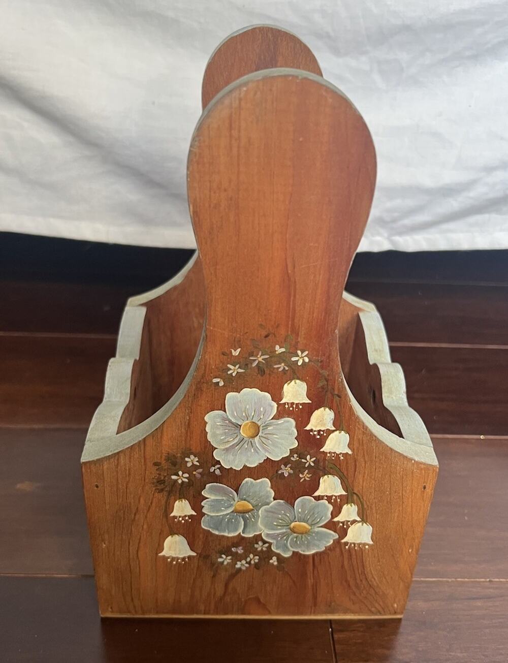 Vintage Hand Painted Wooden Caddy Tote ‘89 Folk Art Country Kitchen Flowers